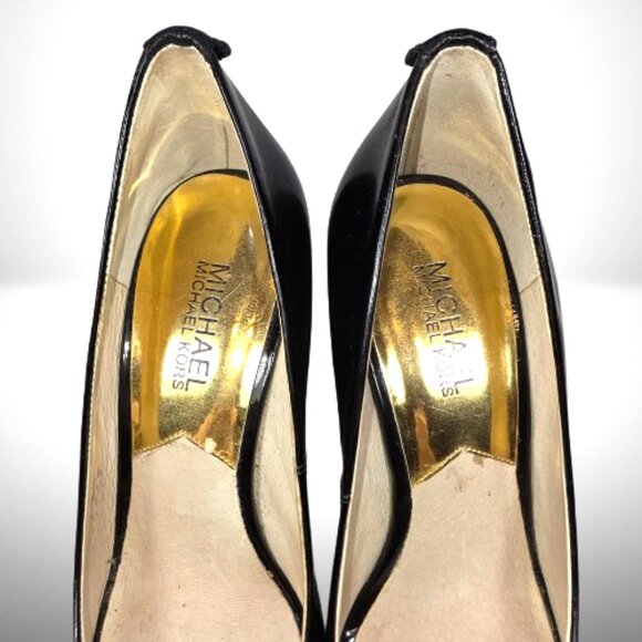 Michael Kors Black Leather Striped Peep Toe Platform Wedge Size: 7.5 - Picture 4 of 10